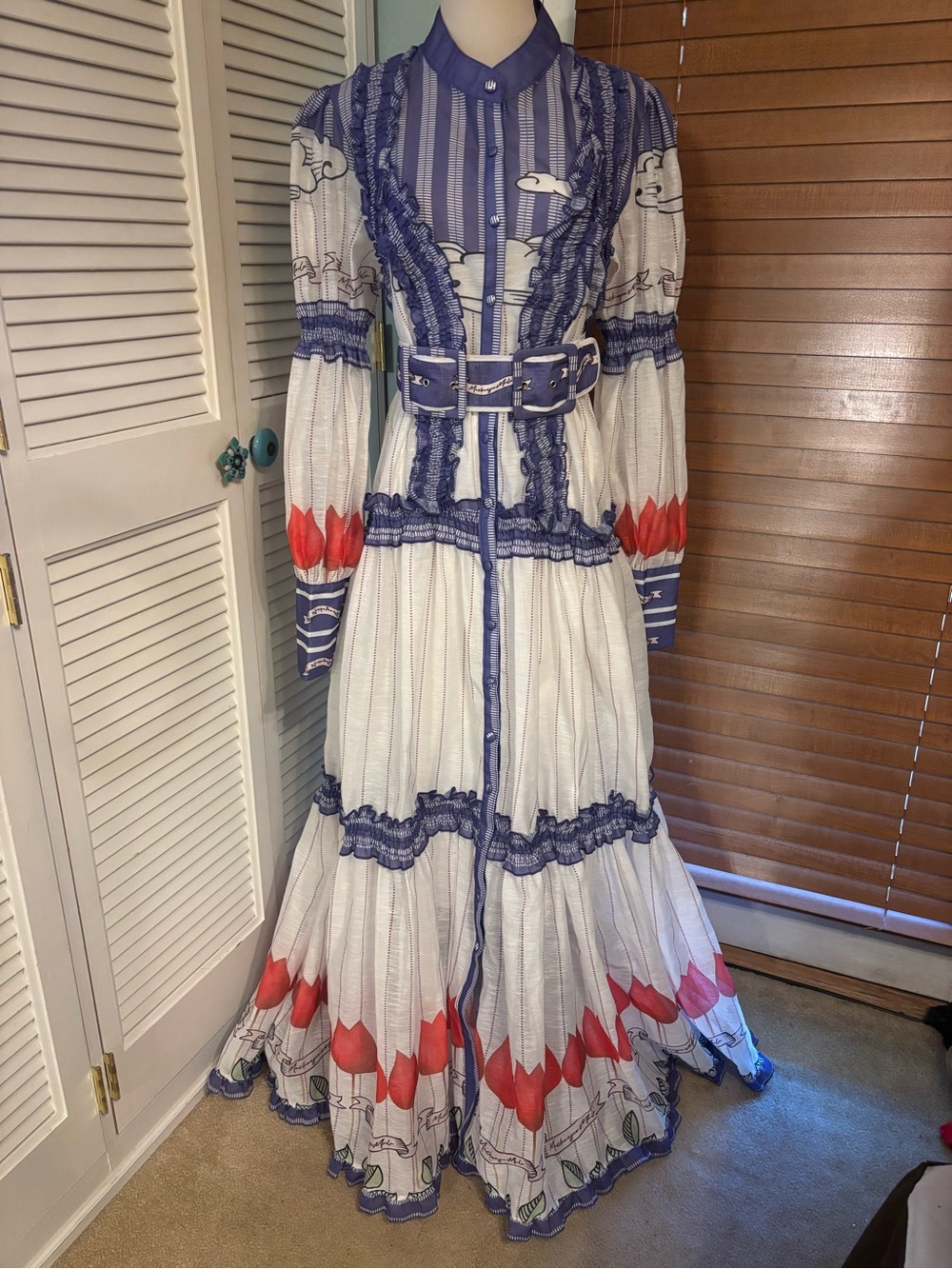 Bohemian Tiered Maxi Dress with Belt - White and Blue with Red Accents